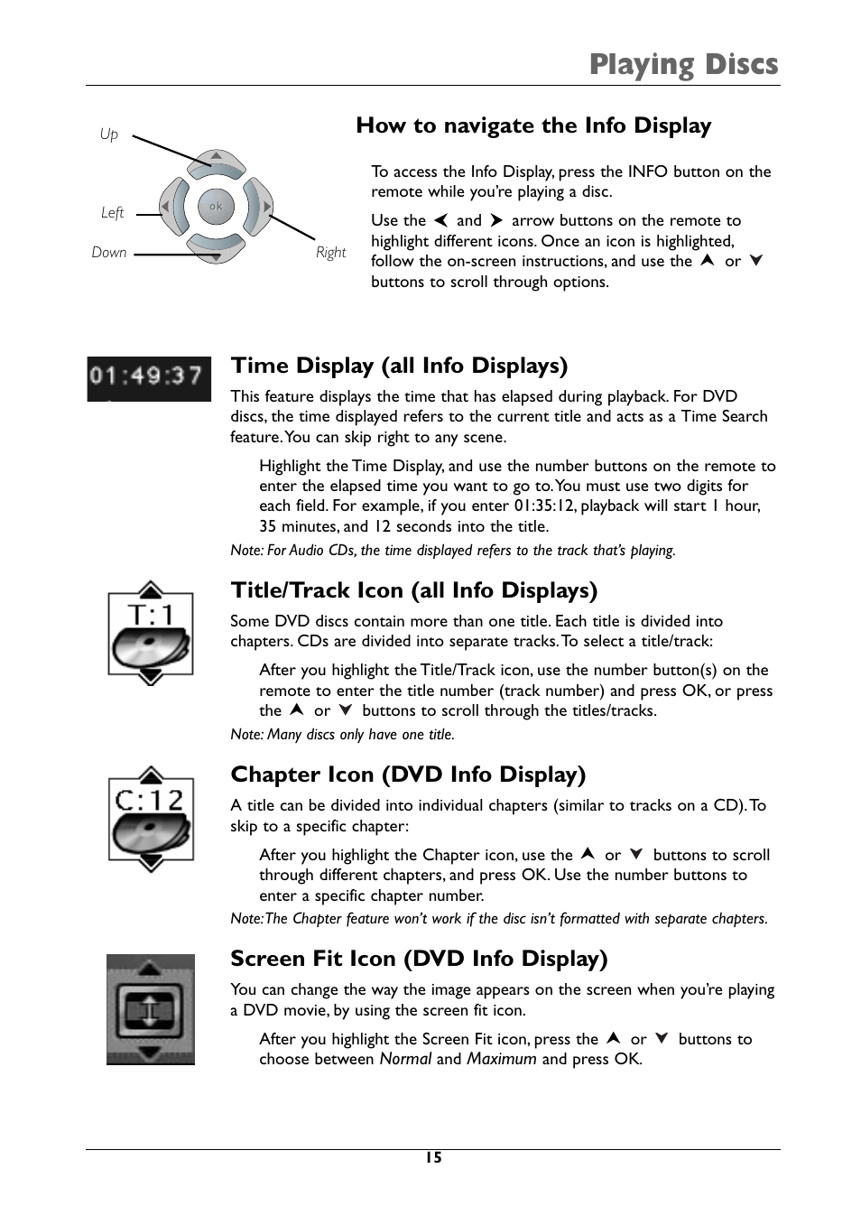 Playing discs, Time display (all info displays), Title/track icon (all info displays) | Chapter icon (dvd info display), Screen fit icon (dvd info display), How to navigate the info display | RCA DRC310N User Manual | Page 17 / 44