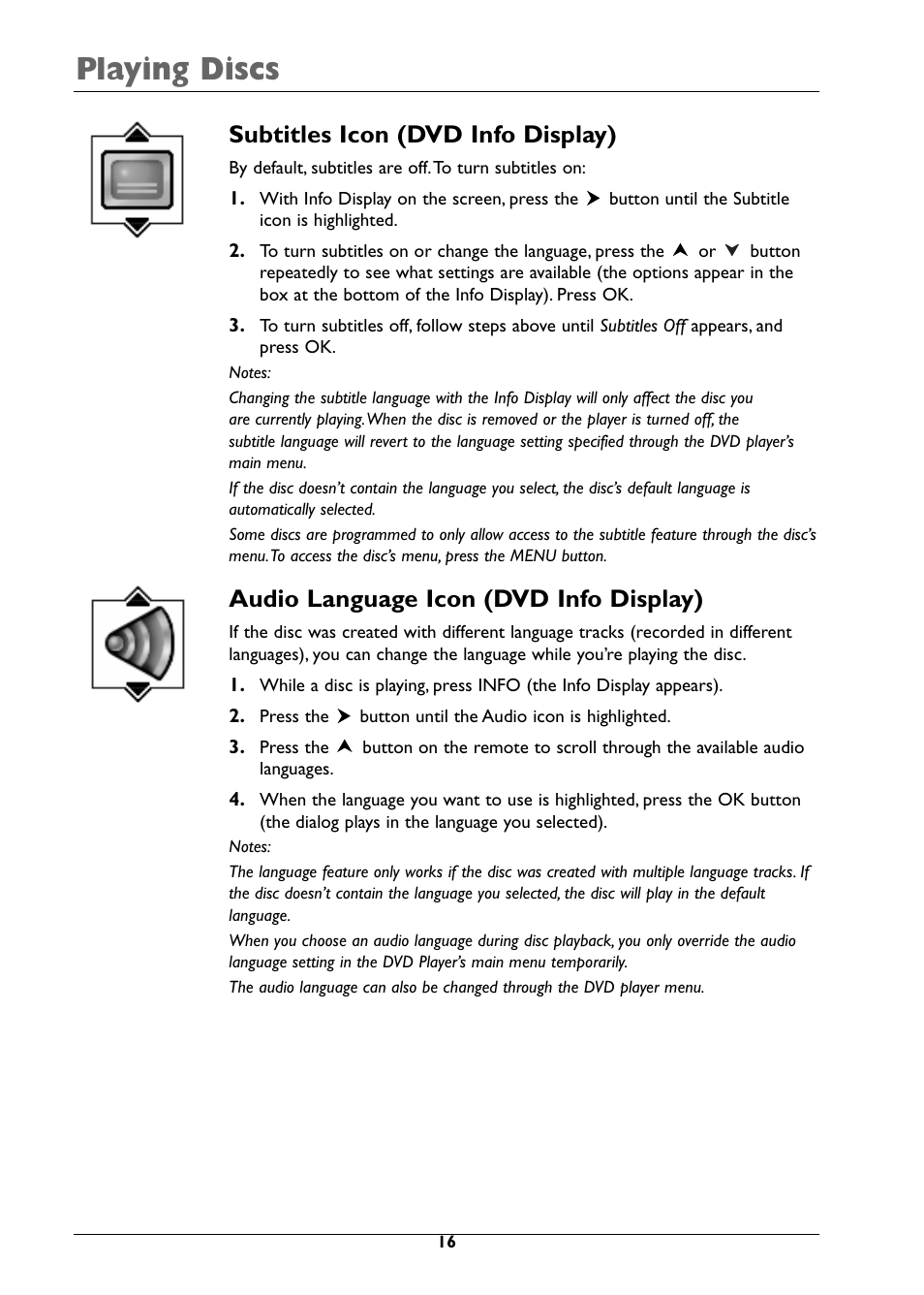 Playing discs, Subtitles icon (dvd info display), Audio language icon (dvd info display) | RCA DRC310N User Manual | Page 18 / 44