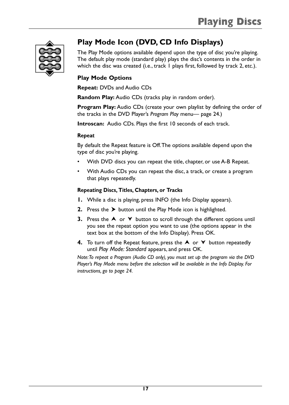 Playing discs, Play mode icon (dvd, cd info displays) | RCA DRC310N User Manual | Page 19 / 44