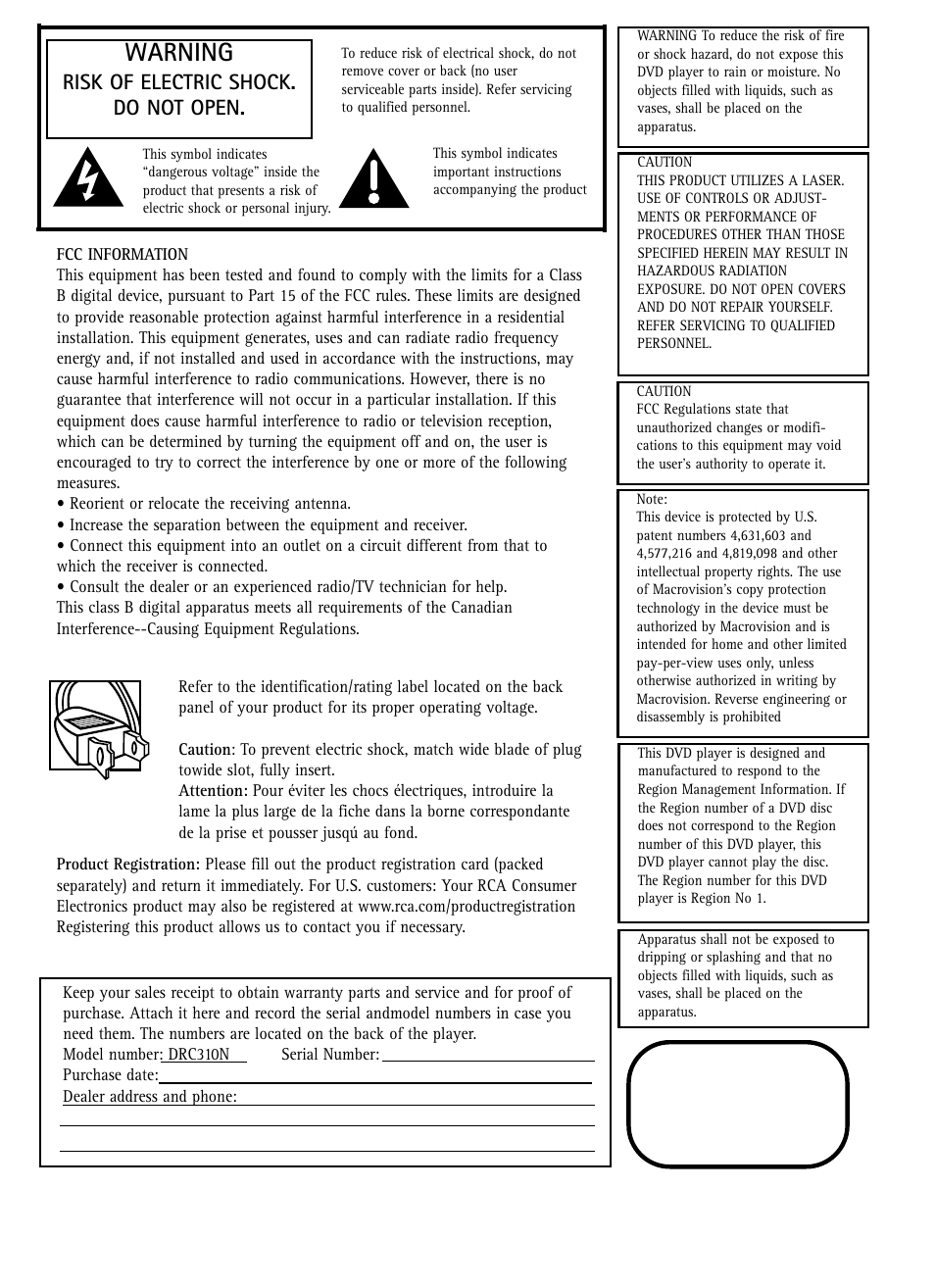 Class 1 laser product, Warning | RCA DRC310N User Manual | Page 2 / 44