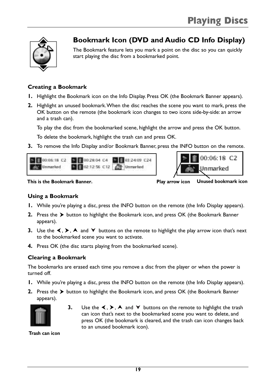 Playing discs, Bookmark icon (dvd and audio cd info display) | RCA DRC310N User Manual | Page 21 / 44