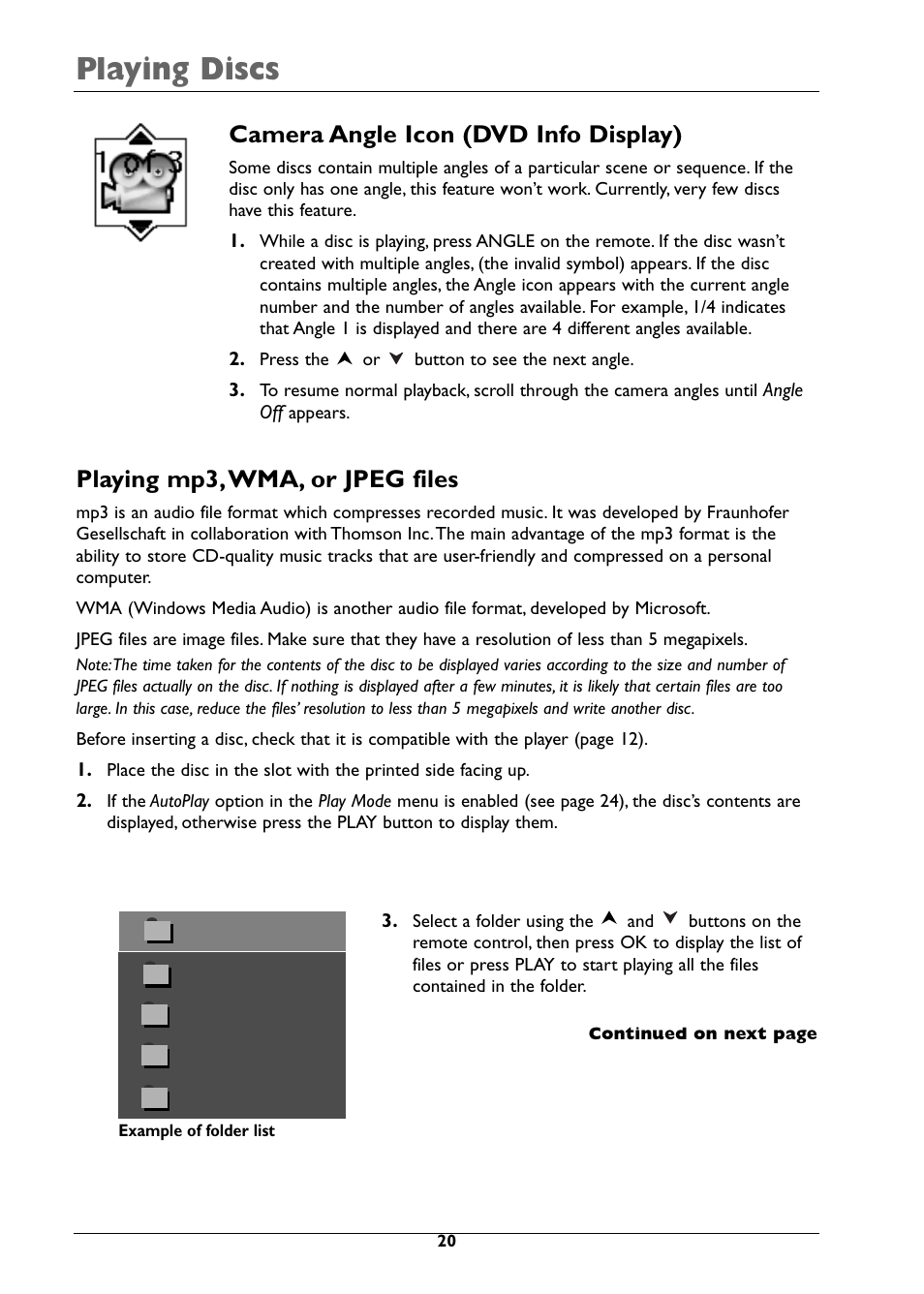 Playing discs, Camera angle icon (dvd info display), Playing mp3,wma, or jpeg files | RCA DRC310N User Manual | Page 22 / 44