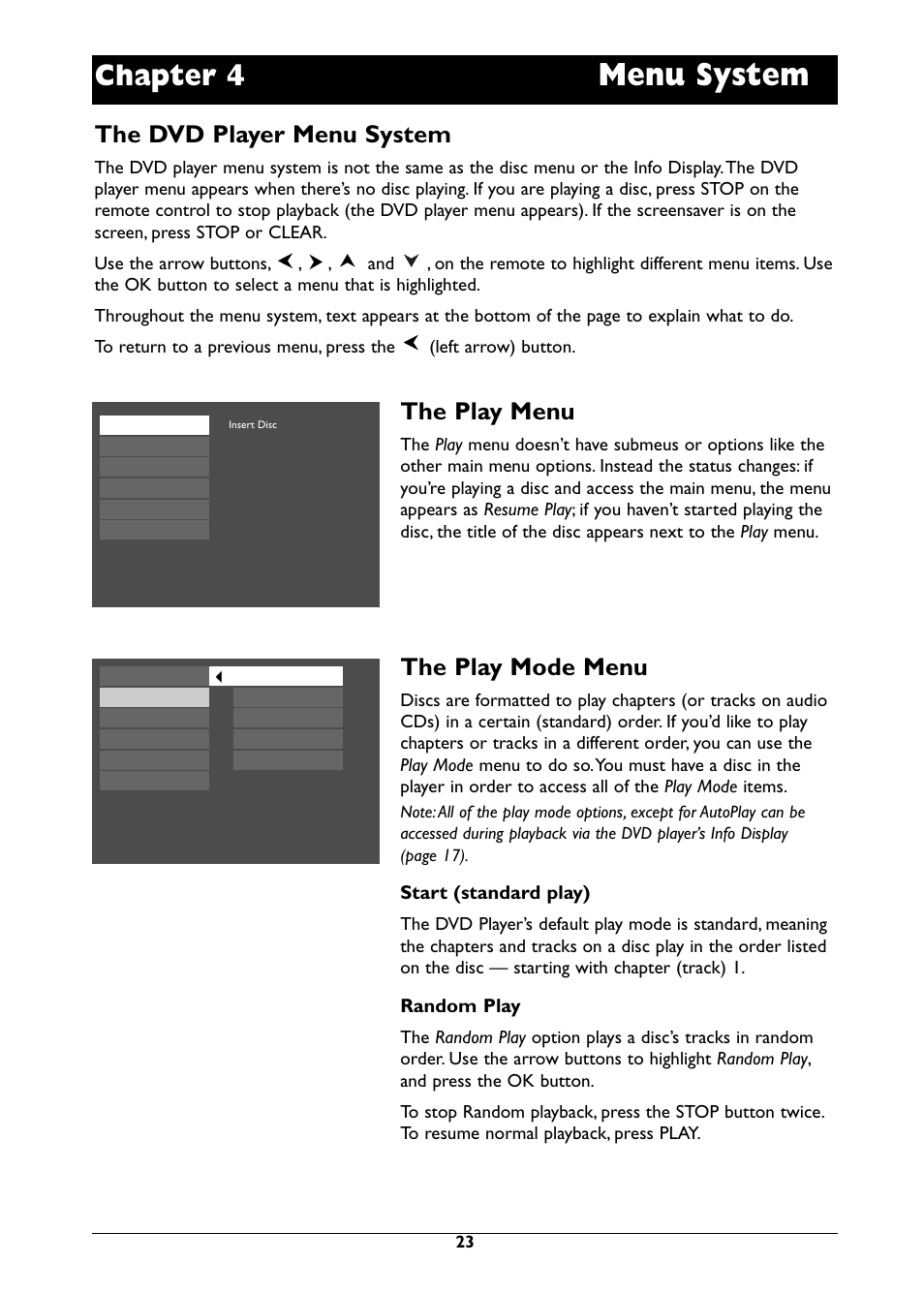 Menu system, Chapter 4, The play menu | The play mode menu, The dvd player menu system, Start (standard play), Random play | RCA DRC310N User Manual | Page 25 / 44