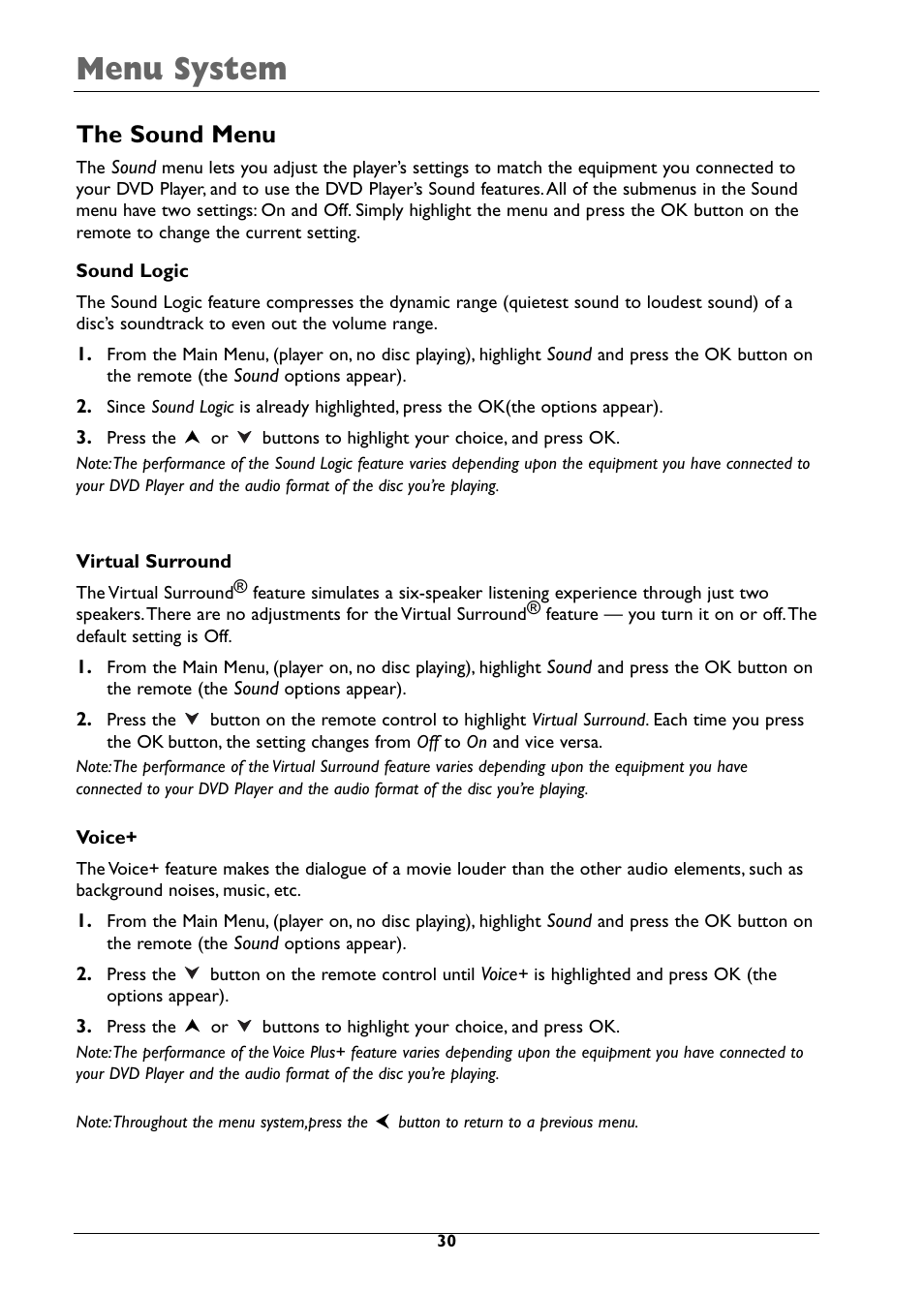 Menu system, The sound menu | RCA DRC310N User Manual | Page 32 / 44