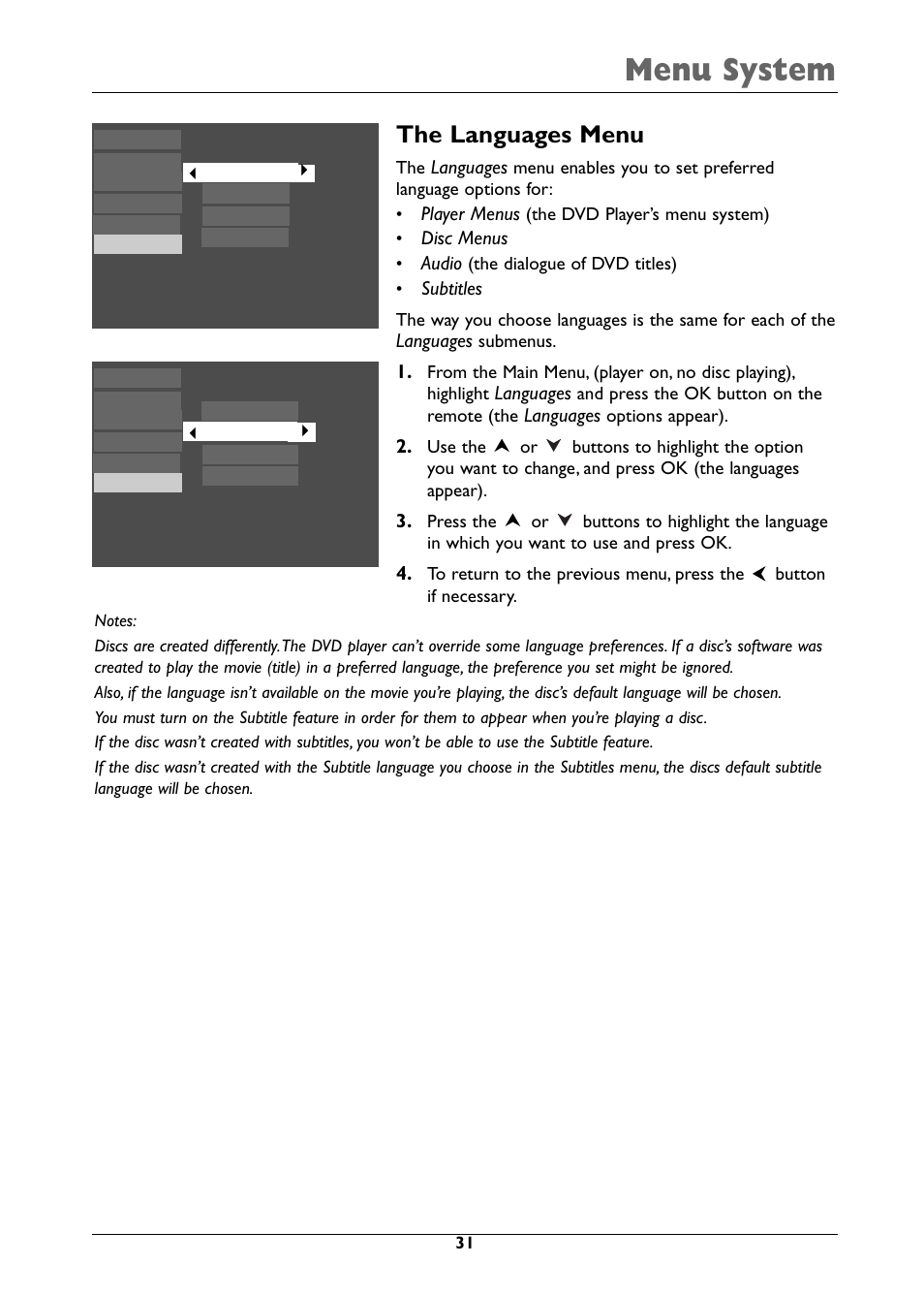 Menu system, The languages menu, Languages | Player menus, Disc menus, Audio, Subtitles | RCA DRC310N User Manual | Page 33 / 44