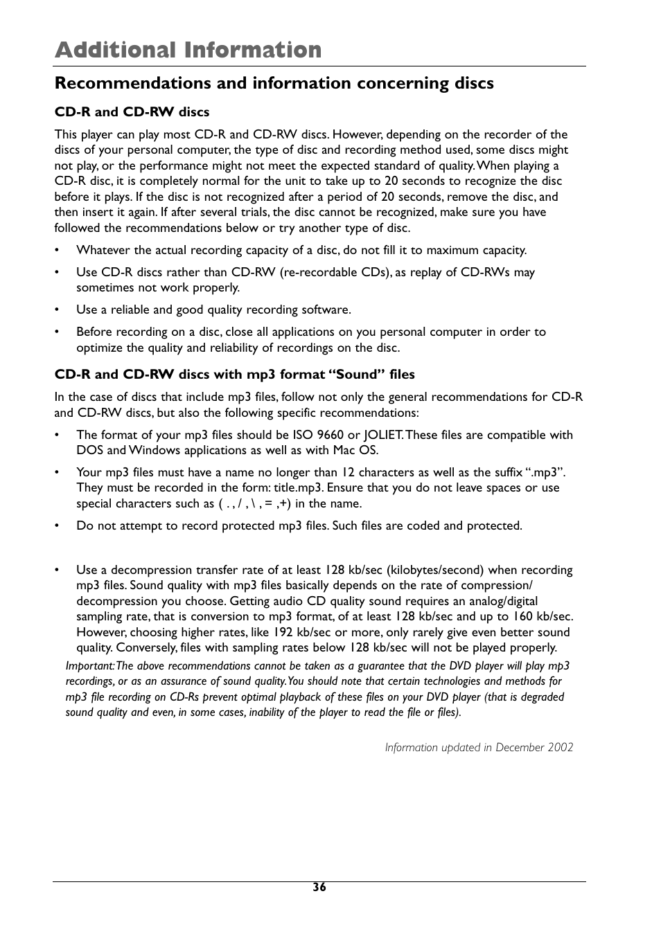 Additional information, Recommendations and information concerning discs | RCA DRC310N User Manual | Page 38 / 44