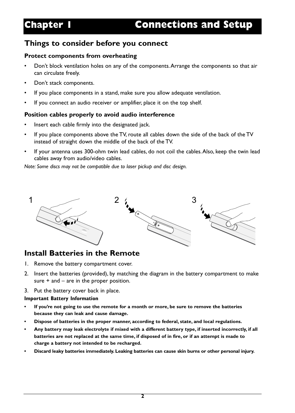 Connections and setup, Chapter 1, Things to consider before you connect | Install batteries in the remote | RCA DRC310N User Manual | Page 4 / 44