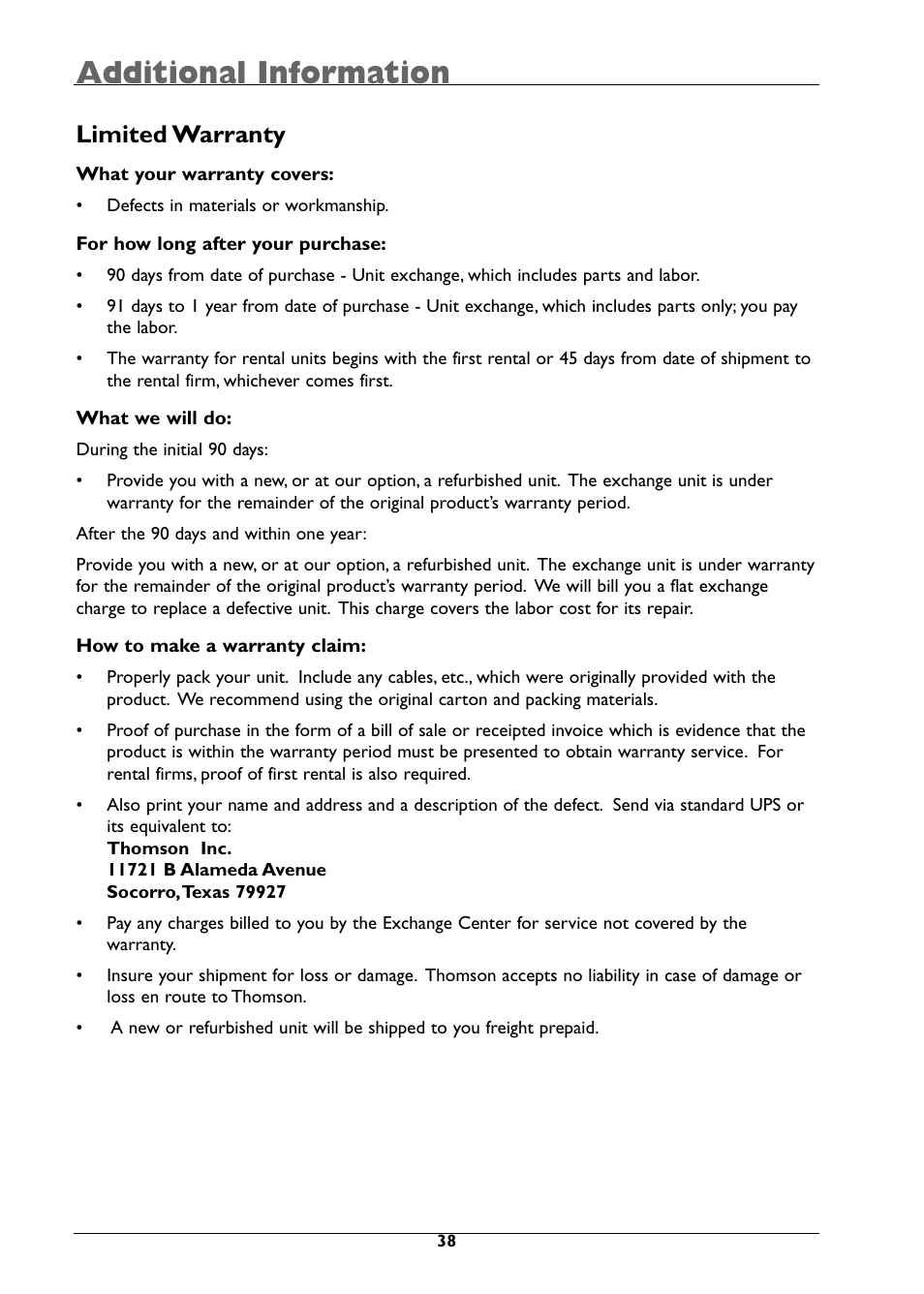 Additional information, Limited warranty | RCA DRC310N User Manual | Page 40 / 44