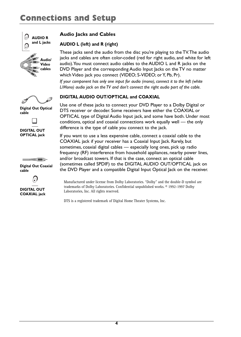 Connections and setup, Audio jacks and cables | RCA DRC310N User Manual | Page 6 / 44