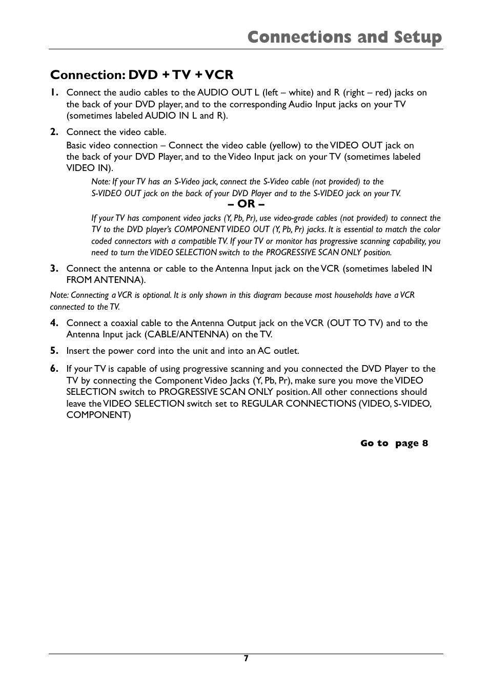 Connections and setup, Connection: dvd + tv + vcr | RCA DRC310N User Manual | Page 9 / 44