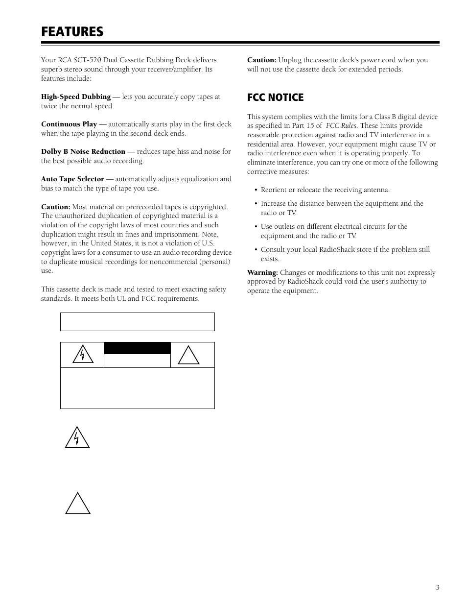 Features, Fcc notice | RCA SCT-520 User Manual | Page 3 / 12