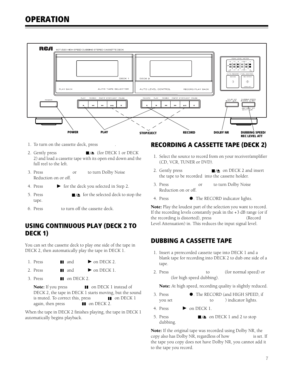 Operation, Using continuous play (deck 2 to deck 1), Recording a cassette tape (deck 2) | Dubbing a cassette tape | RCA SCT-520 User Manual | Page 7 / 12