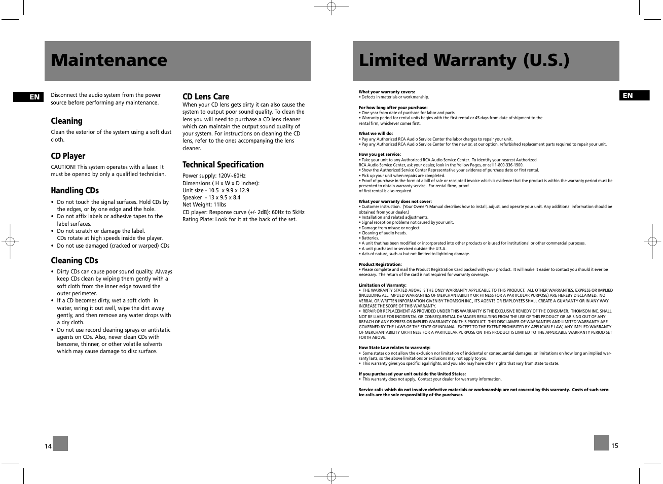 Limited warranty (u.s.) maintenance | RCA RS2047 User Manual | Page 10 / 11
