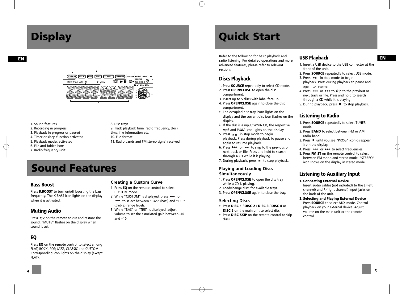 Quick start sound features, Display | RCA RS2047 User Manual | Page 5 / 11