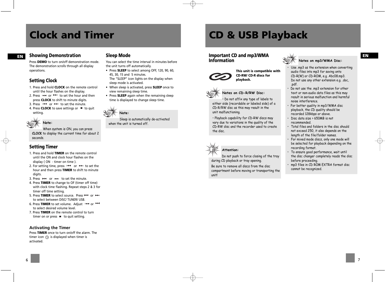 Cd & usb playback, Clock and timer | RCA RS2047 User Manual | Page 6 / 11