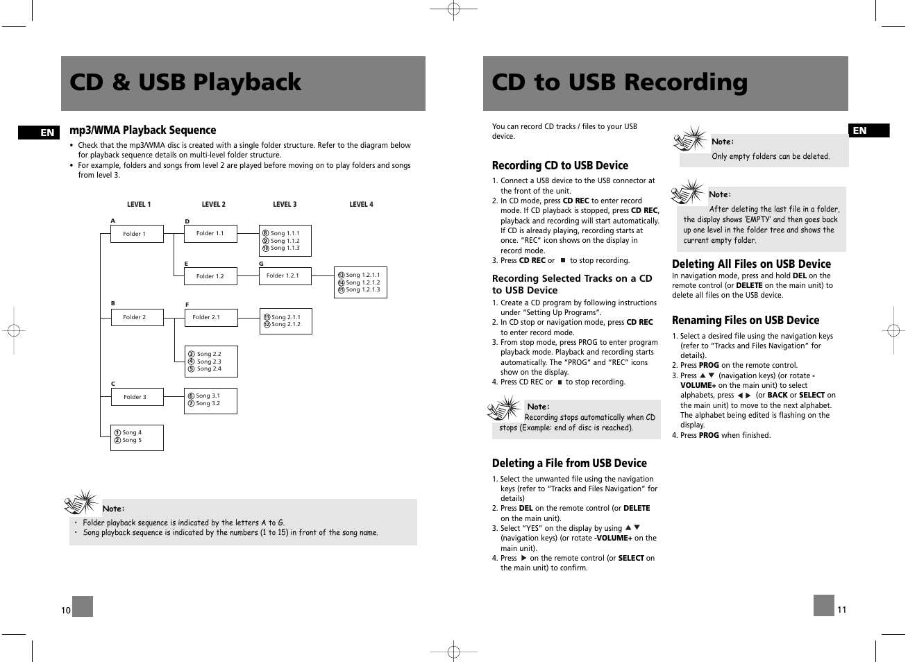 Cd to usb recording cd & usb playback, Mp3/wma playback sequence, Recording cd to usb device | Deleting a file from usb device, Deleting all files on usb device, Renaming files on usb device | RCA RS2047 User Manual | Page 8 / 11