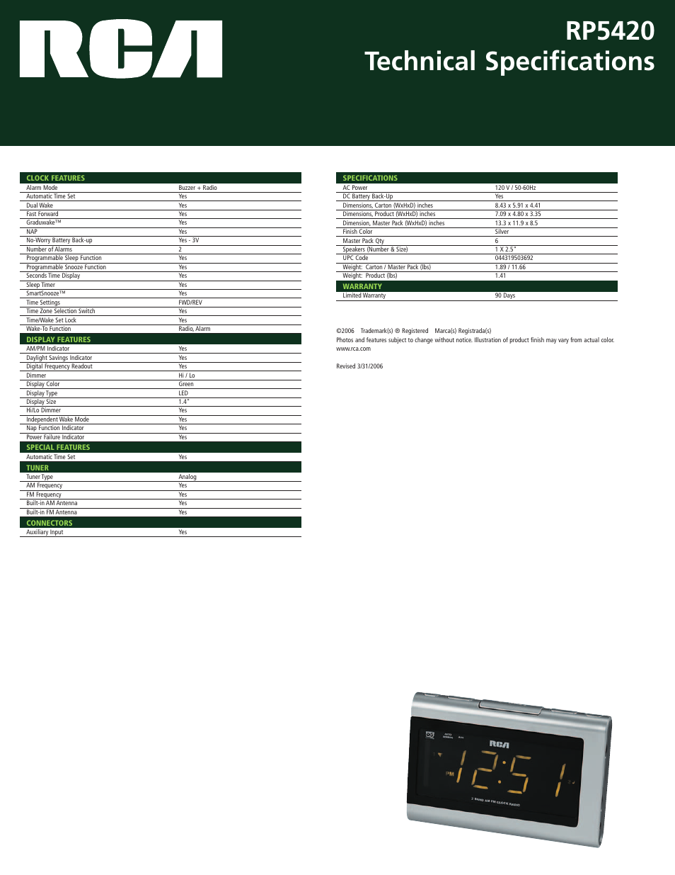 Rp5420 technical specifications | RCA RP5420 User Manual | Page 2 / 2