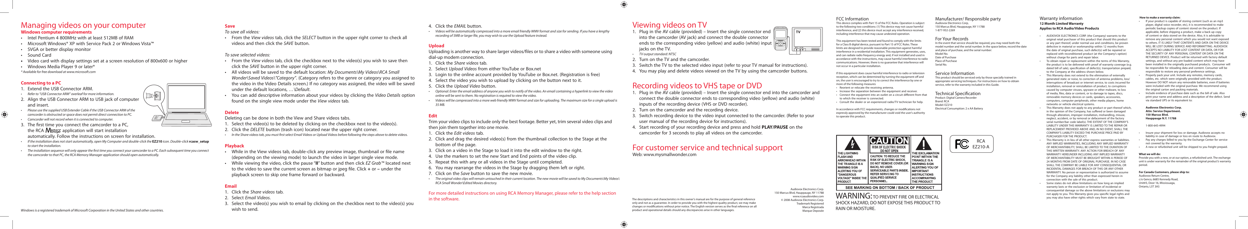 Managing videos on your computer, Viewing videos on tv, Recording videos to vhs tape or dvd | For customer service and technical support, Warning | RCA EZ210 User Manual | Page 2 / 2