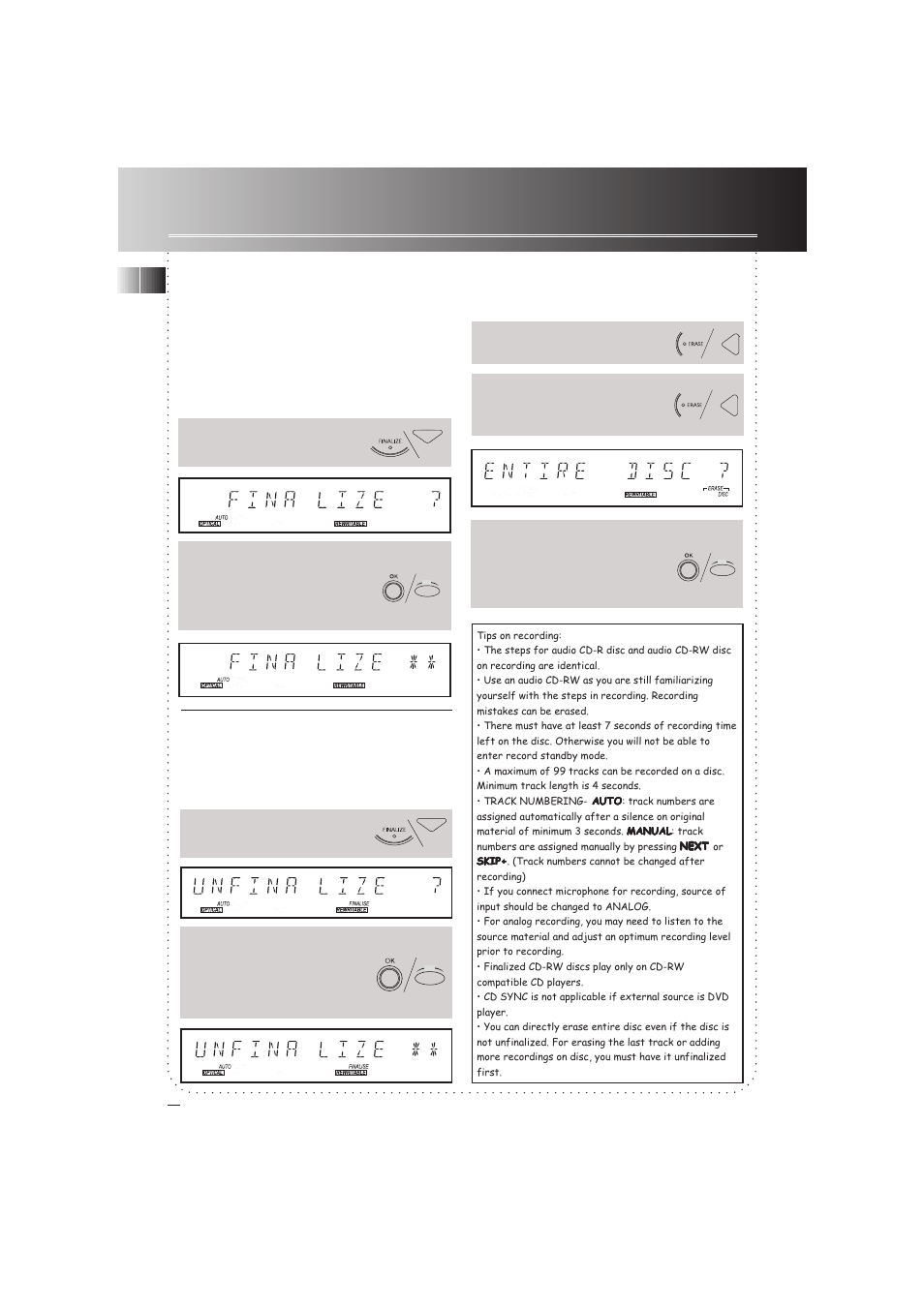 Recording, Finalizing recording, Unfinalizing recording ( for cd- rw only ) | Erasing recording | RCA 3-8120 User Manual | Page 13 / 19