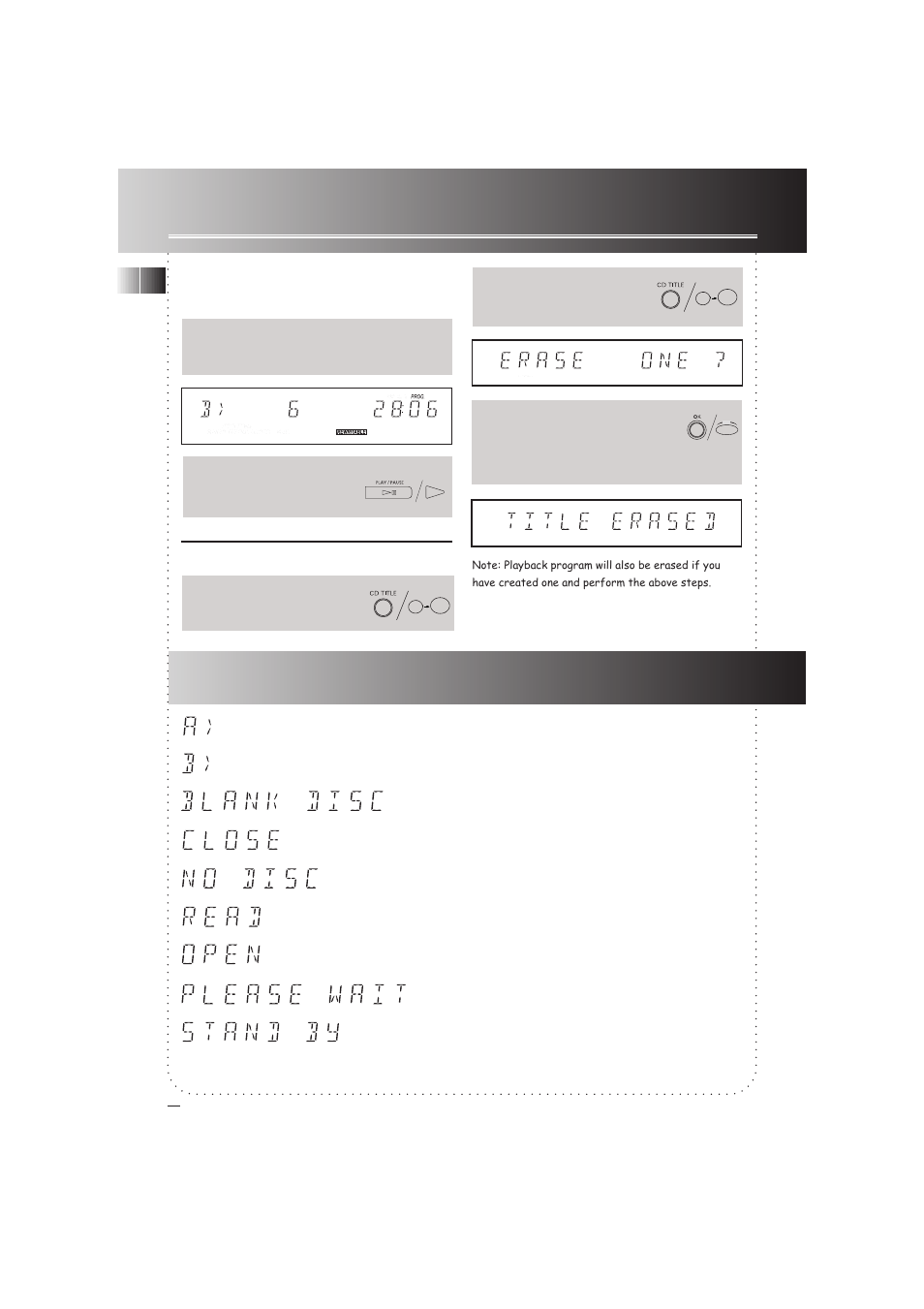More special functions, Display messages, Recalling playback programs and disc titles | Erasing disc titles | RCA 3-8120 User Manual | Page 15 / 19