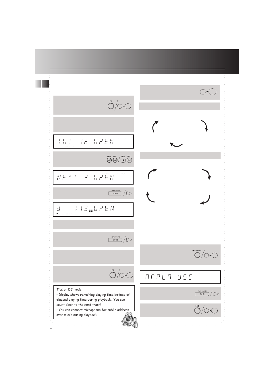 Playing, Repeat, Live effects | Dj mode | RCA 3-8120 User Manual | Page 9 / 19