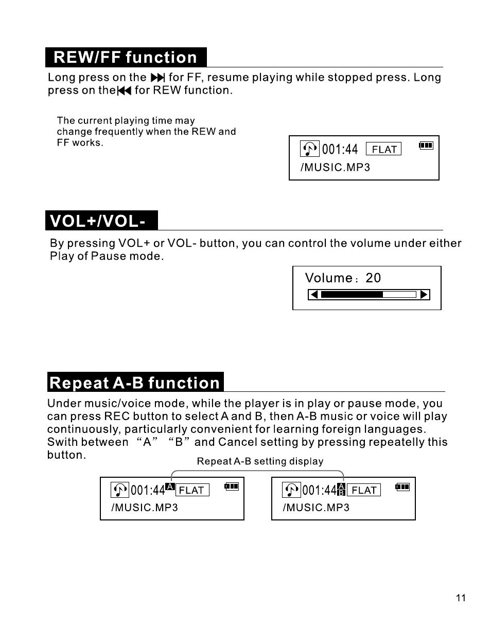 Rew/ff function, Vol+/vol, Repeat a-b function | RCA B100512 User Manual | Page 12 / 33