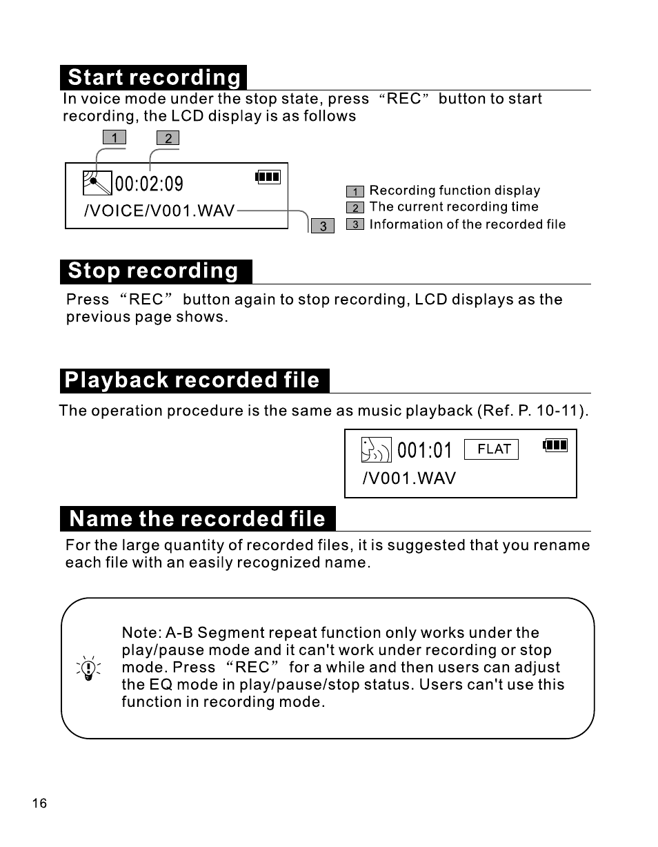 Playback recorded file, Name the recorded file, Start recording | RCA B100512 User Manual | Page 17 / 33