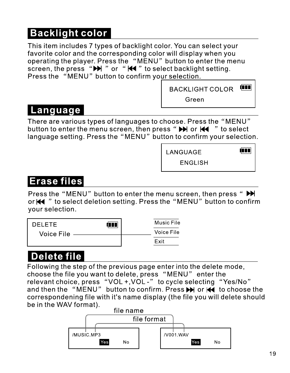 Backlight color, Language, Erase files | Delete file | RCA B100512 User Manual | Page 20 / 33