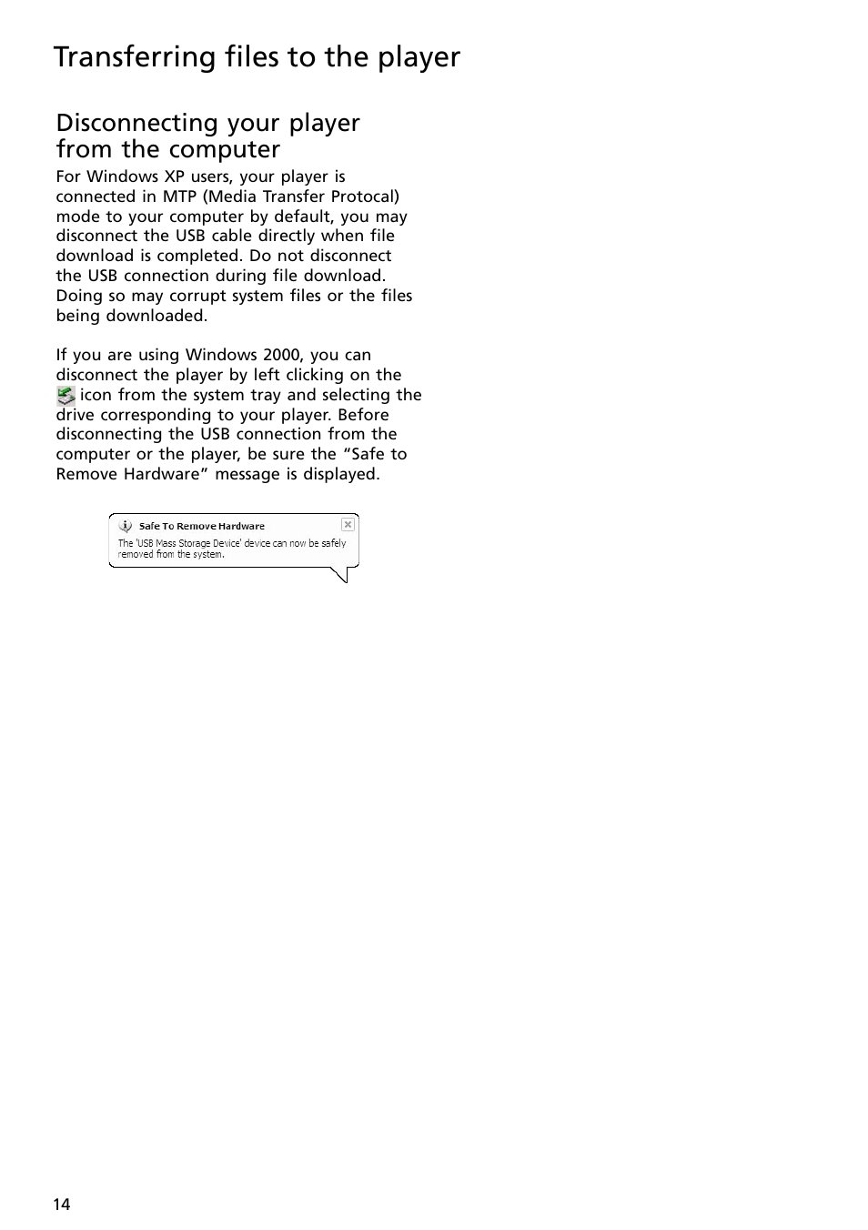 Disconnecting your player from the computer, Transferring files to the player | RCA SC2002 User Manual | Page 14 / 32