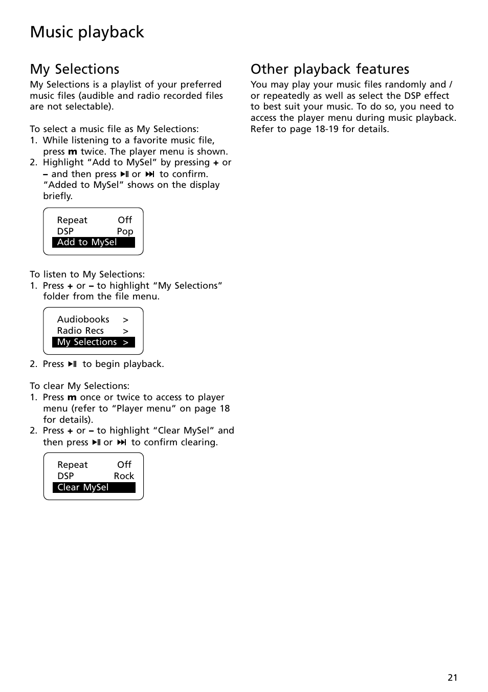My selections, Other playback features, Music playback | RCA SC2002 User Manual | Page 21 / 32