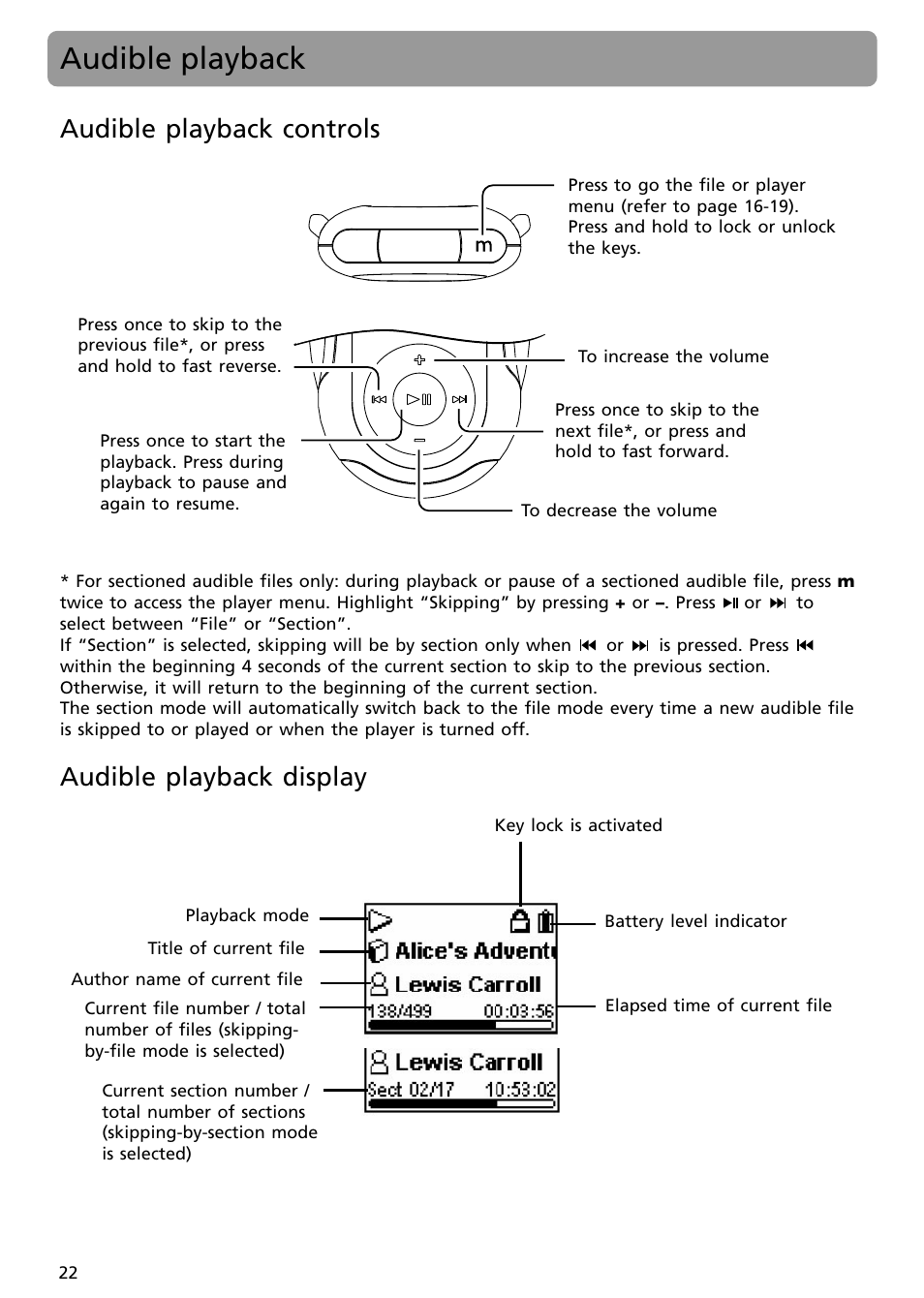 Audible playback, Audible playback controls, Audible playback display | Audible playback controls audible playback display | RCA SC2002 User Manual | Page 22 / 32