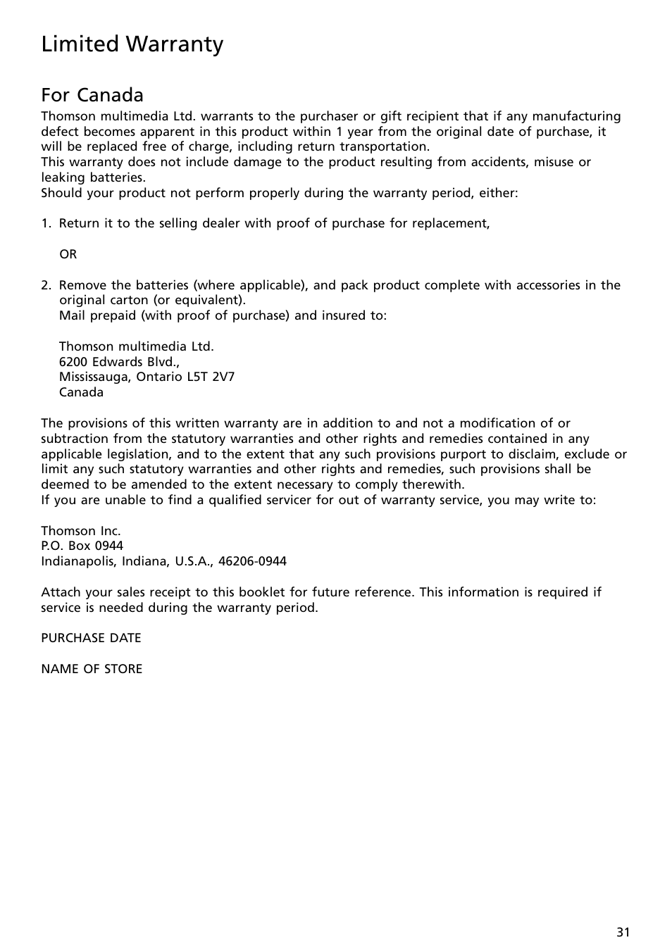 For canada, Limited warranty | RCA SC2002 User Manual | Page 31 / 32