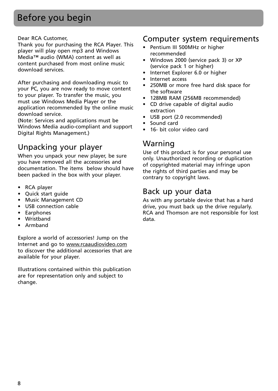 Before you begin, Unpacking your player, Computer system requirements | Warning, Back up your data | RCA SC2002 User Manual | Page 8 / 32
