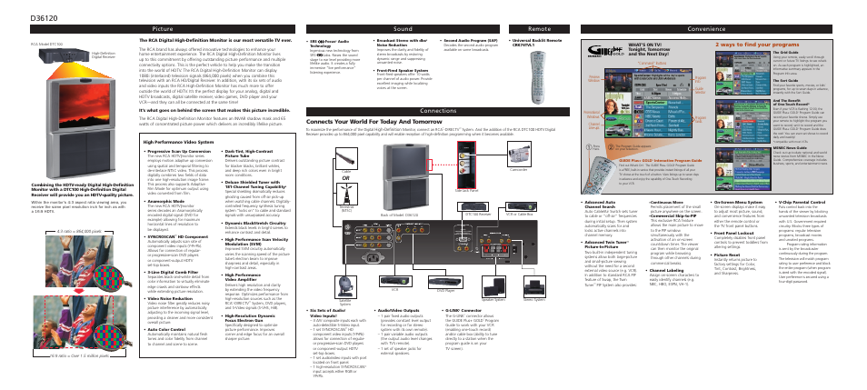 Convenience picture remote sound connections, Connects your world for today and tomorrow, 2 ways to find your programs | RCA D36120 User Manual | Page 4 / 6