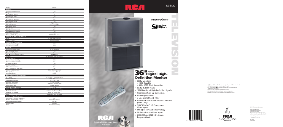 Te levi s io n, Digital high- definition monitor, Hdtv monitor | Picture-in-picture (ntsc only) • syncroscan, Hd component video inputs • srs focus, On-screen program guide | RCA D36120 User Manual | Page 5 / 6