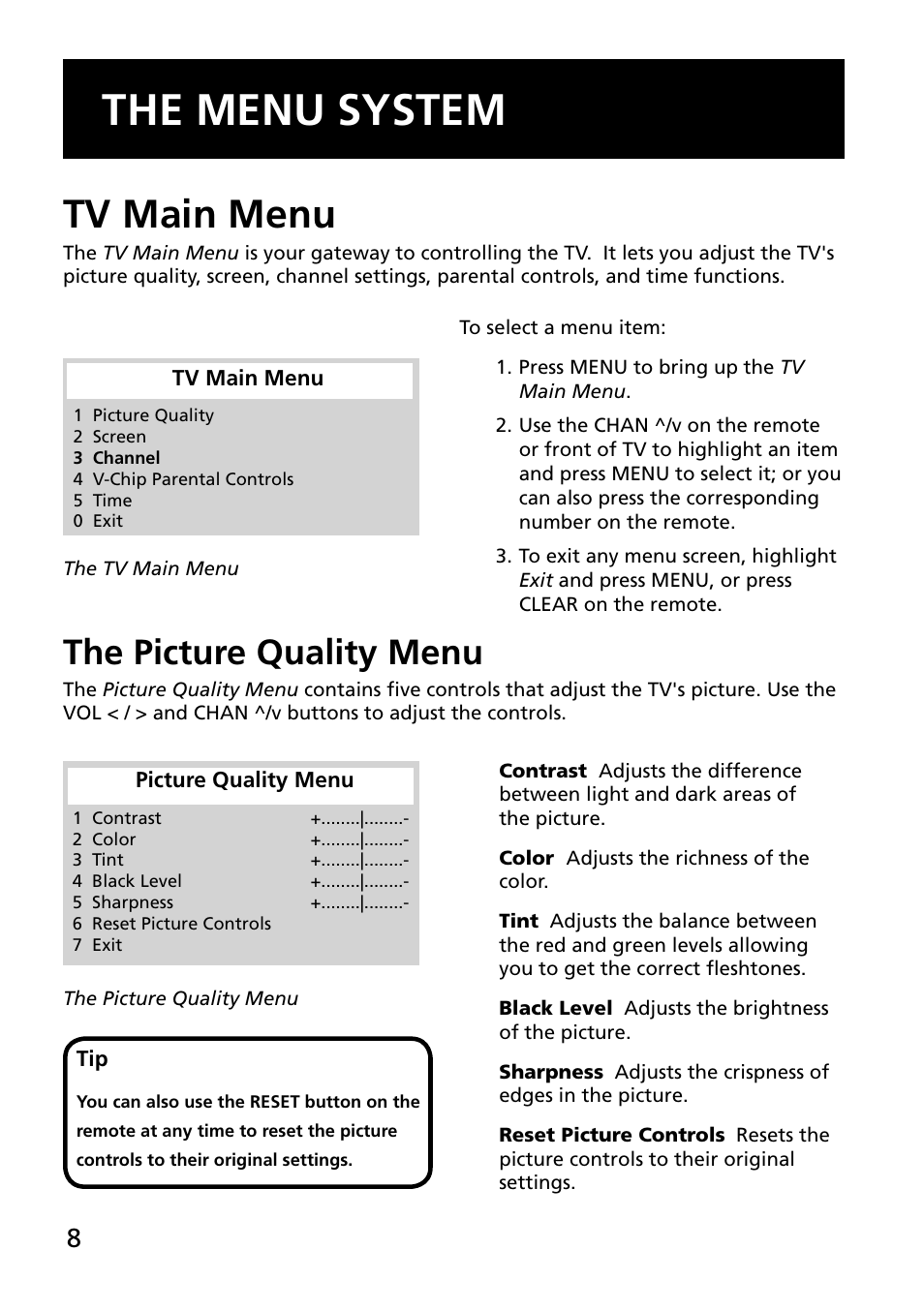 The menu system, Tv main menu, The picture quality menu | RCA E13344 User Manual | Page 10 / 28