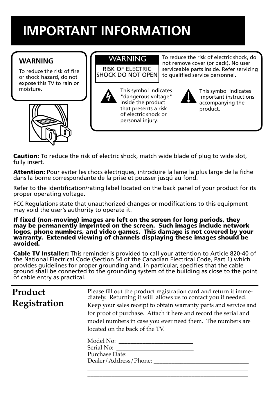 Important information, Product registration, Warning | RCA E13344 User Manual | Page 2 / 28