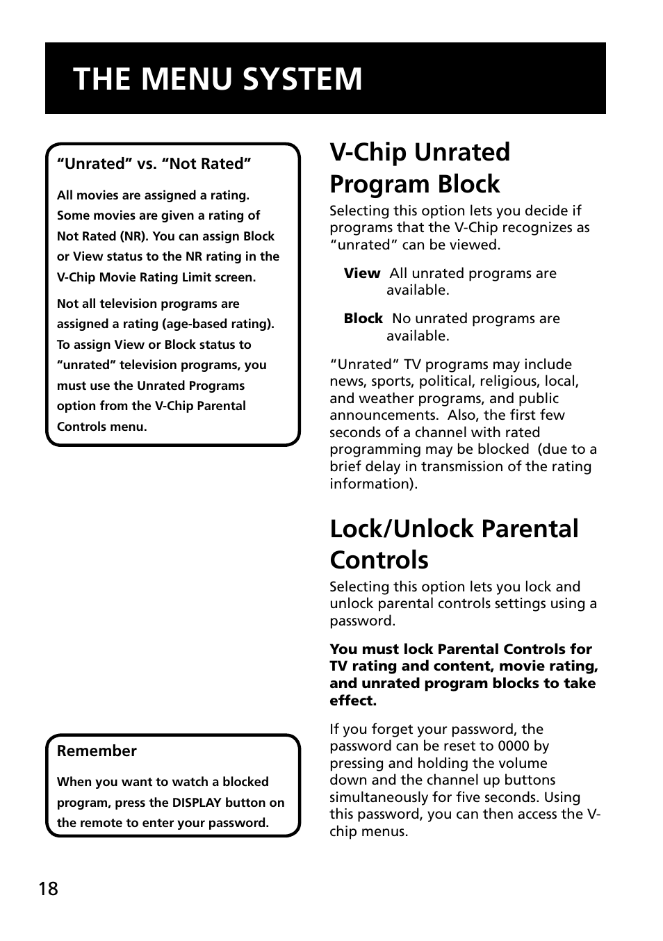 The menu system, V-chip unrated program block, Lock/unlock parental controls | RCA E13344 User Manual | Page 20 / 28