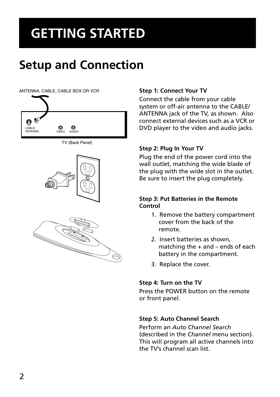 Getting started, Setup and connection | RCA E13344 User Manual | Page 4 / 28