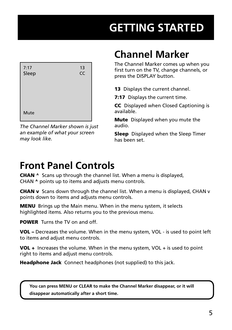 Getting started, Channel marker, Front panel controls | RCA E13344 User Manual | Page 7 / 28