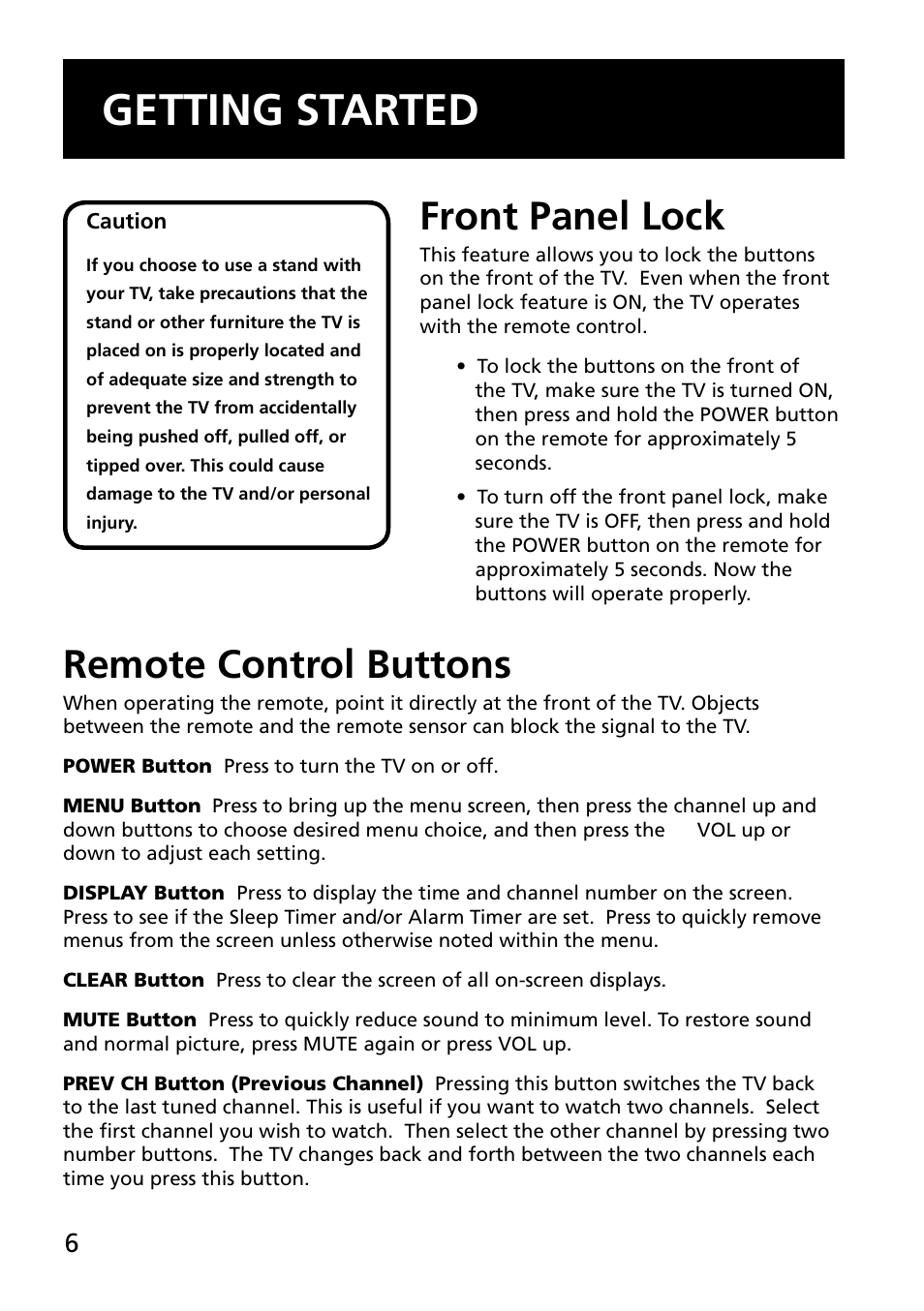 Getting started, Remote control buttons, Front panel lock | RCA E13344 User Manual | Page 8 / 28