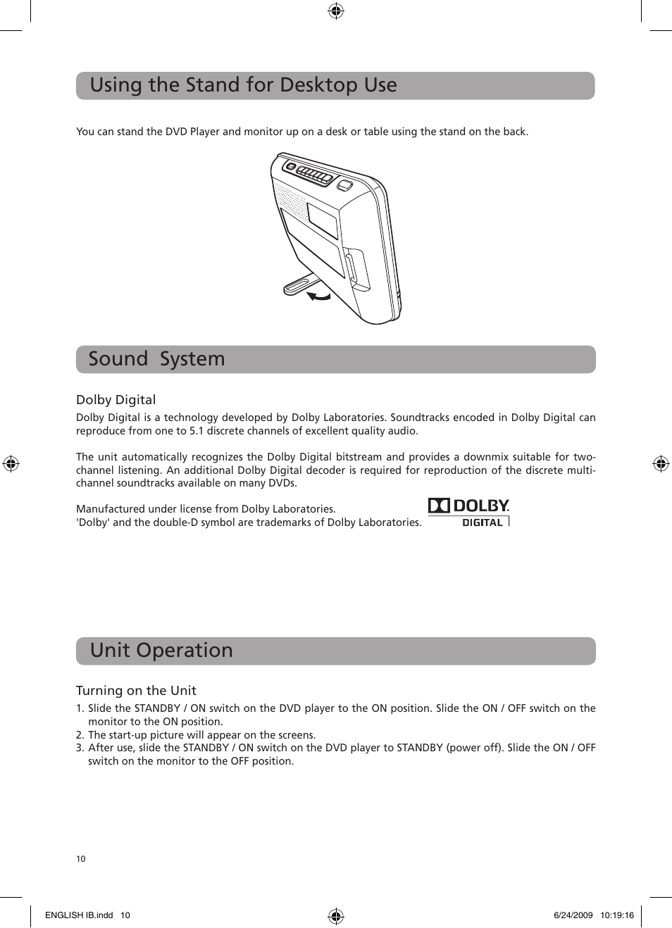 Unit operation, Sound system, Using the stand for desktop use | RCA DRC69705 User Manual | Page 14 / 28
