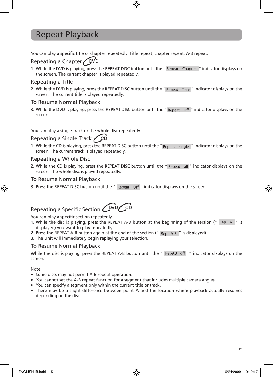 Repeat playback | RCA DRC69705 User Manual | Page 19 / 28