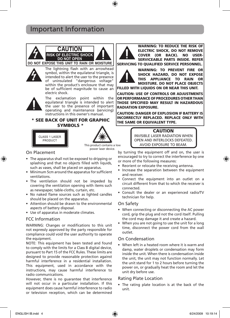 Important information, Caution | RCA DRC69705 User Manual | Page 2 / 28