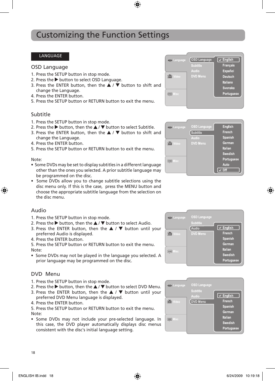 Customizing the function settings | RCA DRC69705 User Manual | Page 22 / 28