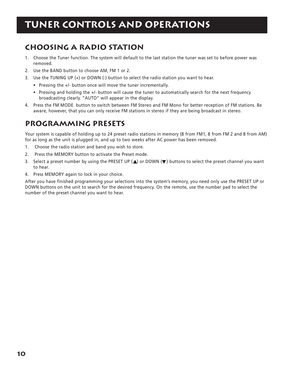 Tuner controls and operations, Choosing a radio station, Programming presets | RCA RP-9380 User Manual | Page 12 / 32