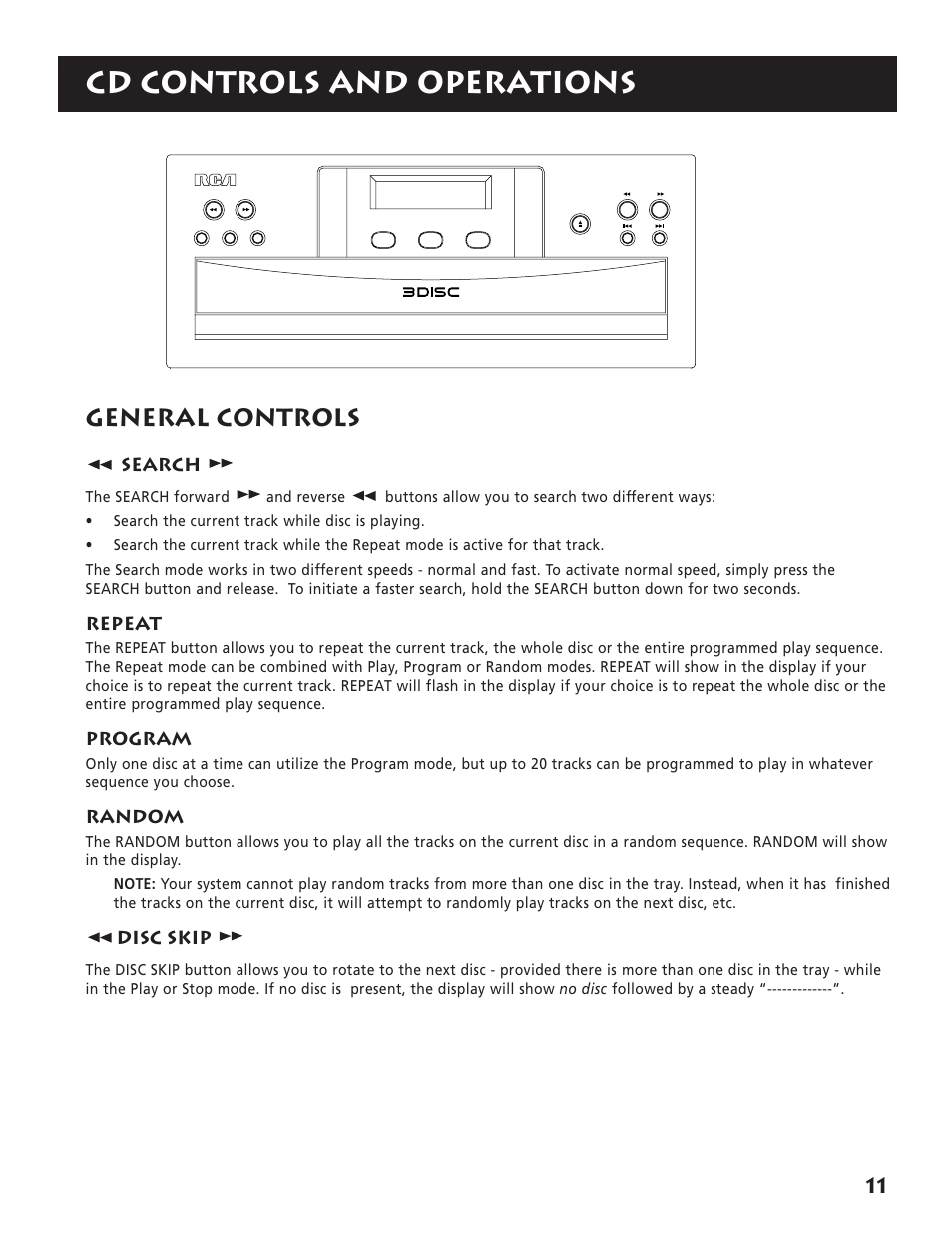 Cd controls and operations, General controls, Search | Repeat, Program, Random, Disc skip | RCA RP-9380 User Manual | Page 13 / 32