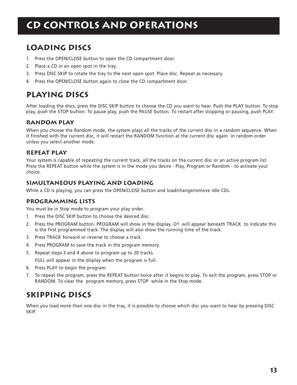 Cd controls and operations, Loading discs, Playing discs | Skipping discs | RCA RP-9380 User Manual | Page 15 / 32