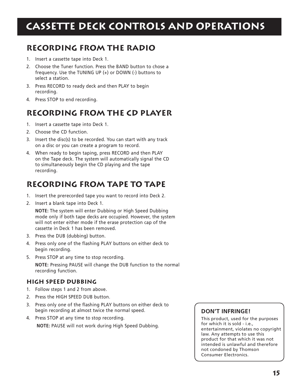 Cassette deck controls and operations, Recording from the radio, Recording from the cd player | Recording from tape to tape | RCA RP-9380 User Manual | Page 17 / 32