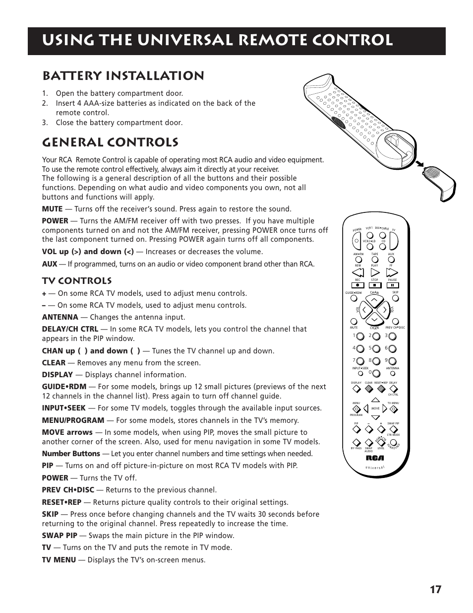 Using the universal remote control, Battery installation, General controls | Tv controls | RCA RP-9380 User Manual | Page 19 / 32